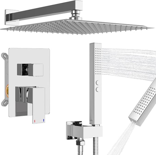 RUMOSE Shower Faucet Set Bathroom Rain Shower Head with Handheld, Chrome | 12 Inch Rainfall Shower System with Rough-in Valve, High Pressure, 2 in 1 Handheld, Brass, Wall Mount