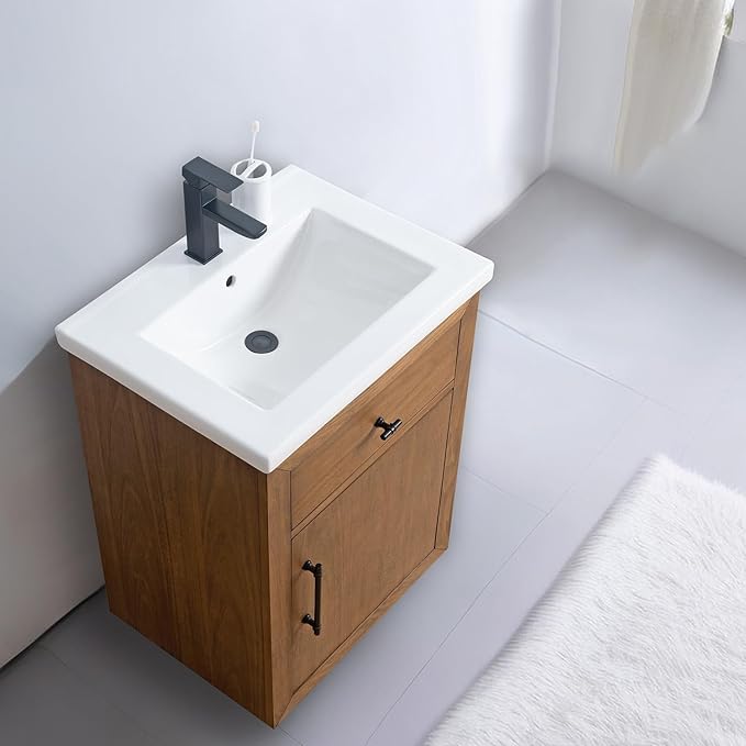 Vanity Art 24 inch Bathroom Vanity with Sink, Solid Poplar Wood, Vanity Cabinet with Doors and Removable Shelf, Modern Wood Cabinet with Marble Top, Ceramic Sink,VA70-24-T