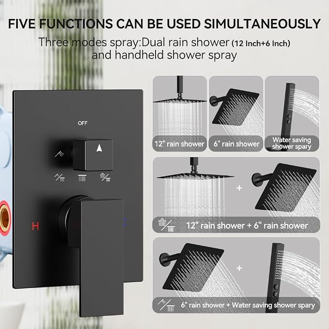 Shower System Shower Faucet Set, STARBATH 12"+6" Ceiling Mount Rain Shower Head and Handheld Spray for Two Person, Rainfall Shower System with Diverter Valve and Trim Kit Complete,Matte Black