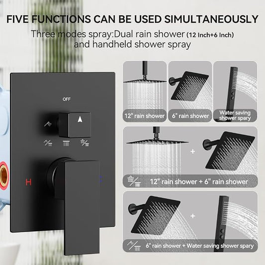 Shower System Shower Faucet Set, STARBATH 12"+6" Ceiling Mount Rain Shower Head and Handheld Spray for Two Person, Rainfall Shower System with Diverter Valve and Trim Kit Complete,Matte Black