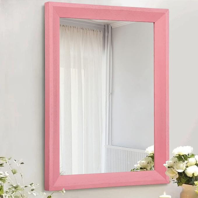 AAZZKANG Rectangle Mirror with Wood Frame Modern Farmhouse Wall Mirrors Decor Large 28"x20" for Bedroom Bathroom Living Room Pink
