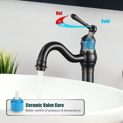 Heyalan Tall Vessel Sink Faucet, Single Handle 1-Hole,Oil Rubbed Bronze | SUS304 stainless steel, 360° swivel spout, includes pop-up drain & hoses, deck mount 1-hole, tall design for vessel sink