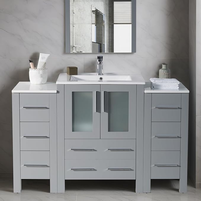 Blossom 48 Inch Bathroom Vanity with Sink - Metal Grey Solid Wood Cabinet with Tempered Glass & Side Storage Towers - Clearance Bathroom Vanity - Integrated Sink Countertop - Bathroom Sink Vanities