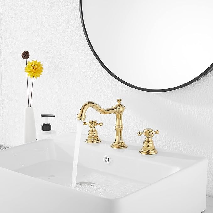 GGStudy 8-16 inch Two Handles 3 Holes Widespread Bathroom Sink Faucet Gold Basin Mixer Tap Faucet Matching Metal Pop Up Drain with Overflow