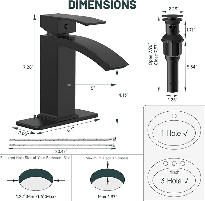 Matte Black Waterfall Bathroom Faucets for 1 or 3 Holes, Brass | Single Handle Bathroom Sink Faucet for Lavatory Commercial Vanity, Basin Taps with Deck Plate, Pop Up Drain and Supply Line
