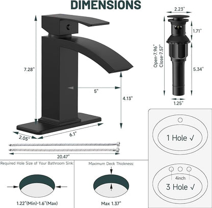 Matte Black Waterfall Bathroom Faucets for 1 or 3 Holes, Brass | Single Handle Bathroom Sink Faucet for Lavatory Commercial Vanity, Basin Taps with Deck Plate, Pop Up Drain and Supply Line