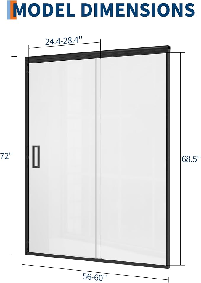 Sliding Shower Door, 56-60 inch W×72 inch H Aluminum Frame Glass Shower Door, One Fixed One Sliding Panel, Matte Black, Easy Clean Glass for Bathtub Installation