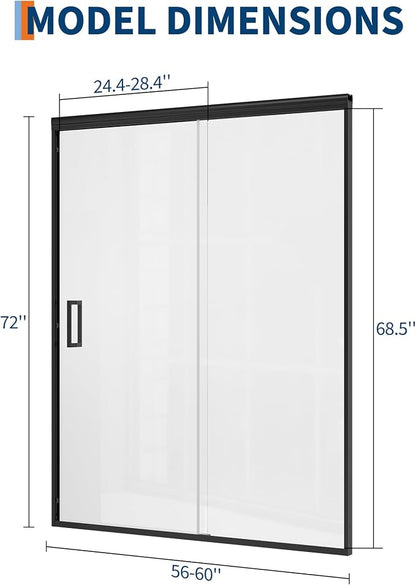 Sliding Shower Door, 56-60 inch W×72 inch H Aluminum Frame Glass Shower Door, One Fixed One Sliding Panel, Matte Black, Easy Clean Glass for Bathtub Installation