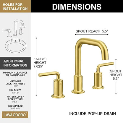 Brushed Gold Bathroom Faucet 3 Hole, Solid Brass Bath Faucet | 8 Inch Widespread Bathroom Faucet Brass Gold 2 Handle Bathroom Sink Faucet with Drain Assembly Supply Line, BF503-SG
