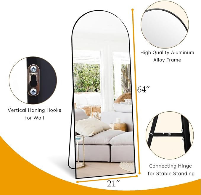 Dewfig Mirror Full Length, 64"X21" Arched Floor Mirror, Black | Aluminum Alloy Frame Full Body Mirror, HD Shatterproof Tempered Glass, Lean/Stand/Wall for Living Room,Bedroom, Dressing Room