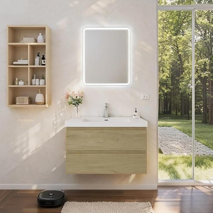 Floating Vanity Bathroom, 36 Inch Bathroom Vanity with Sink, Wall Mounted Single Sink Bathroom Vanity, Soft Closed 2 Drawers, Integrated Sink (Natural Oak)