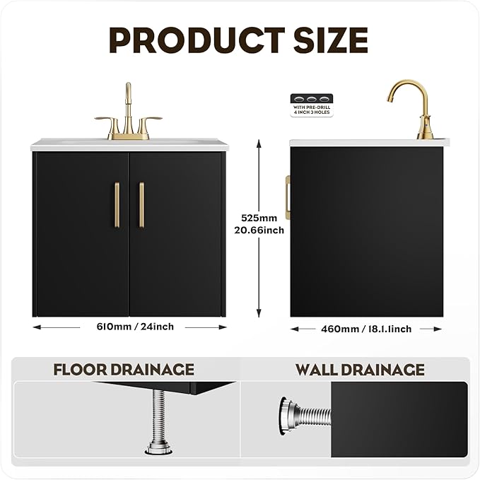 phiestina Pre-Assembled 24 Inch Black Floating Bathroom Vanity, Wall Mounted Cabinet with 2 Soft-Close Doors,3 Holes Ceramic Countertop Sink Combo,No Faucet,BV08-24-BLACK