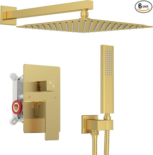 Iriber Brushed Gold Rain Shower System with 12 Inch Shower Head and Handheld shower Bathroom Wall Mounted Golden Shower Set Contain Shower Faucet Mixer Valve and Trim Kit (Valve Cartridge Included)