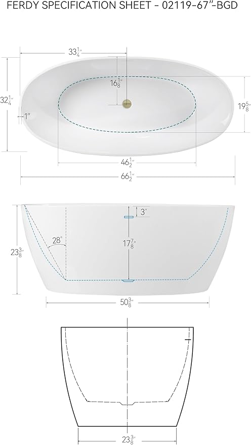FerdY Tahiti 67" Freestanding Bathtub Elegant Oval Shape, Glossy White Double Walled Insulation bathtub with Center Brushed Gold Drain & Minimalist Linear Design Overflow, cUPC Certified
