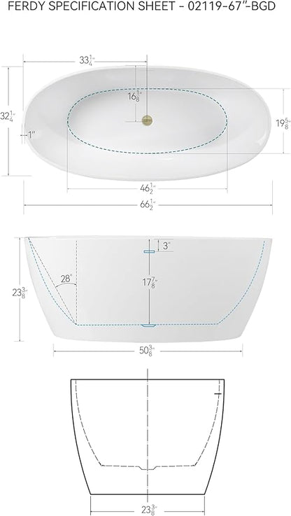 FerdY Tahiti 67" Freestanding Bathtub Elegant Oval Shape, Glossy White Double Walled Insulation bathtub with Center Brushed Gold Drain & Minimalist Linear Design Overflow, cUPC Certified