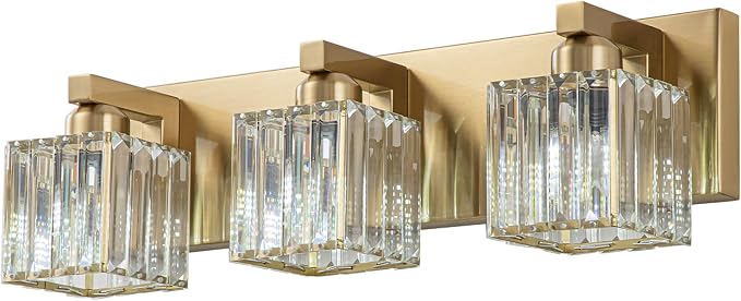 Gold Crystal Bathroom Vanity Lights Modern 3-Lights Bathroom Lighting Fixtures Over Mirror, Gold Crystal Wall Light with Square Shade
