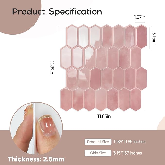 Vamos Tile Thicker Design Long Hexagon Peel and Stick Backsplash Tile | 10-Sheet Pink with Pink Grout Self Adhesive Wall Tiles Stick On Backsplash for Kitchen Bathroom RV Fireplace