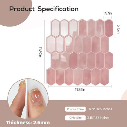 Vamos Tile Thicker Design Long Hexagon Peel and Stick Backsplash Tile | 10-Sheet Pink with Pink Grout Self Adhesive Wall Tiles Stick On Backsplash for Kitchen Bathroom RV Fireplace