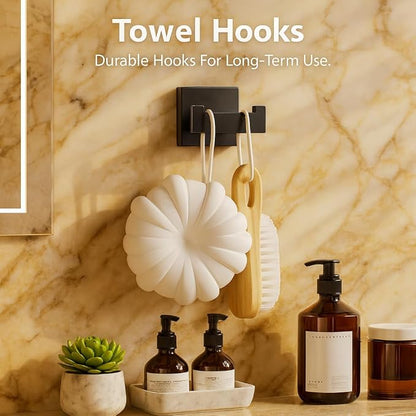 Matte Black 5-Piece SUS304 Stainless Steel Bathroom Hardware Set | Includes two 23.8-inch towel bars, one toilet paper holder, one towel ring and one robe hook for coordinated wall storage.