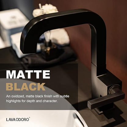 Black Bathroom Faucet Single Hole, Lava Odoro Bathroom Black Sink Faucet Single Handle Matte Black Vanity Faucet with Drain Assembly, Solid Brass Vessel Sink Faucet Deck Plate Included, BF204-MB