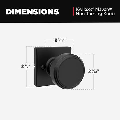 Kwikset Maven Dummy Door Knob, Single Sided Handle for Closets, French Double Doors, and Pantry, Matte Black Non-Turning Square Interior Push/Pull Door Knob, with Microban Protection
