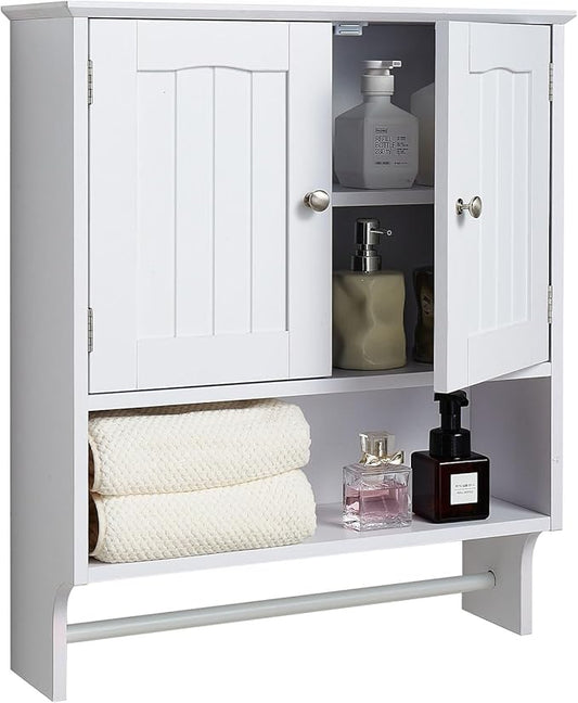 VEVOR Bathroom Wall Cabinet, 23" W x 27" H Storage Medicine Cabinet Wall Mounted, Hanging Organizer with Open Partition and Towel Bar for Laundry Room Kitchen, White
