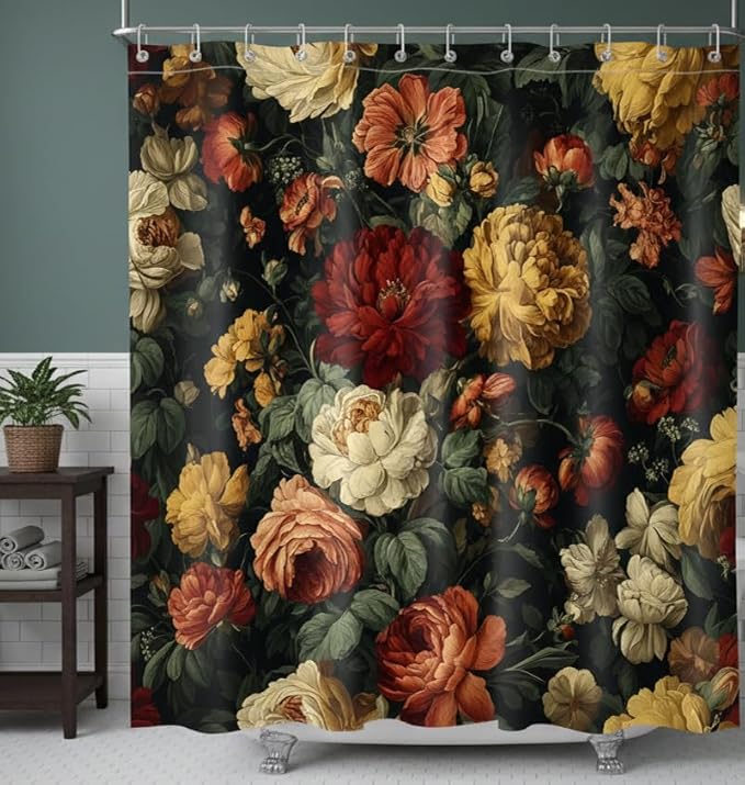 Vintage Black Floral Shower Curtain for Bathroom, Dark Boho Floral Shower Curtain Farmhouse Flower Botanical Waterproof Bath Curtains with 12 Hooks, 72X72 Inch