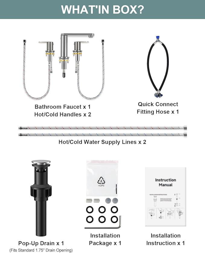BWE 2 Pack Brushed Nickel Bathroom Faucet for Sink 3 Hole, Stainless Steel Widespread Bathroom Faucets with Pop-up Drain and Supply Lines, 360° Swivel Spout 2-Handle Bathroom Sink Faucet for Vanity