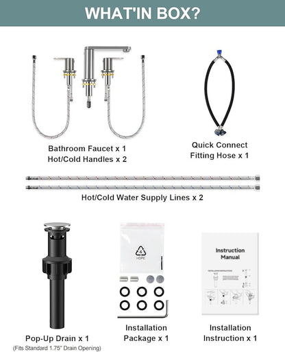BWE 2 Pack Brushed Nickel Bathroom Faucet for Sink 3 Hole, Stainless Steel Widespread Bathroom Faucets with Pop-up Drain and Supply Lines, 360° Swivel Spout 2-Handle Bathroom Sink Faucet for Vanity