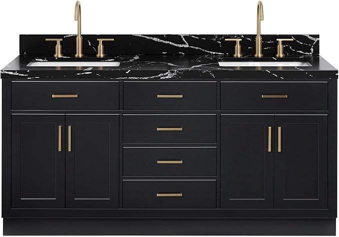 ARIEL Hepburn 72 Inch Double Rectangle Sink Bathroom Vanity with Nero Marquina Black Quartz Countertop 1.5 Inch in Black