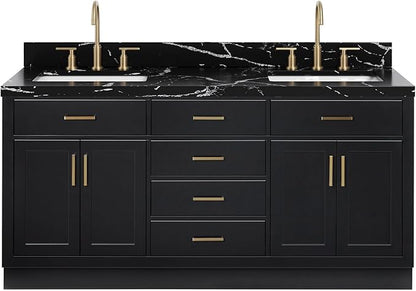 ARIEL Hepburn 72 Inch Double Rectangle Sink Bathroom Vanity with Nero Marquina Black Quartz Countertop 1.5 Inch in Black