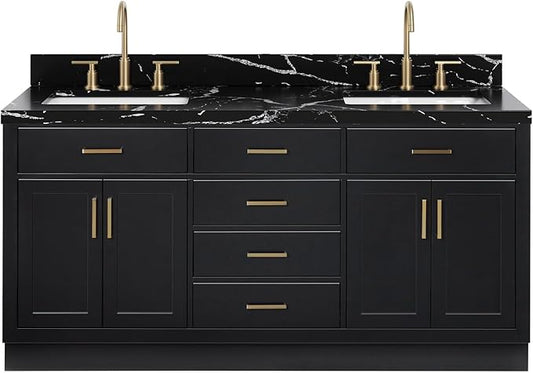 ARIEL Hepburn 72 Inch Double Rectangle Sink Bathroom Vanity with Nero Marquina Black Quartz Countertop 1.5 Inch in Black