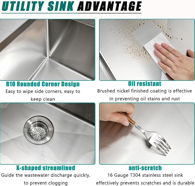 25 Inch Drop In Utility Sink with Faucet, 25"x22"x12" Drop In Laundry Sink 16 Gauge Stainless Steel Utility Sink 12" Deep Single Bowl Laundry Room Sink