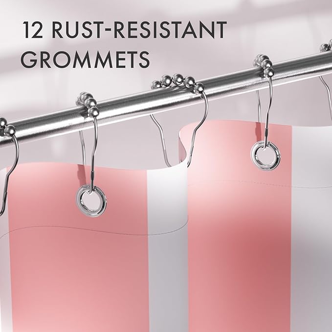 AmazerBath Pink Vertical Stripes Shower Curtain, Cute Pink Stripe Bathroom Shower Curtain with 12 Shower Curtain Hooks, Rustic Fabric Pink and White, 72x72 Inches