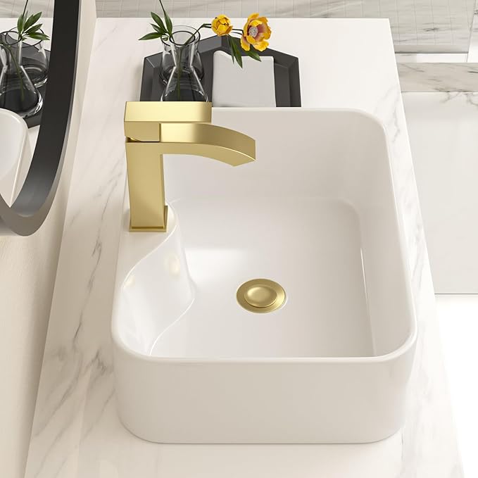 Bathroom Vessel Sink 19" x 15" Rectangle With Gold Faucet And Gold Drain Combo Bowl Sink Bathroom Countertop Rectangular White Farmhouse Lavatory Vanity Sink Basin