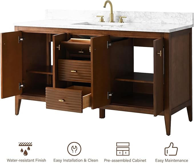 HOMEBEYOND 60" Bathroom Vanity with Single Sink, Solid Wood Bathroom Vanity Free-Standing Cabinet, Ceramic Top & Soft Closing Door, Golden Brushed Handware, Walnut