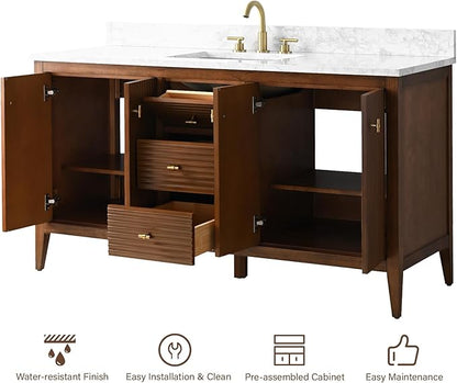 HOMEBEYOND 60" Bathroom Vanity with Single Sink, Solid Wood Bathroom Vanity Free-Standing Cabinet, Ceramic Top & Soft Closing Door, Golden Brushed Handware, Walnut
