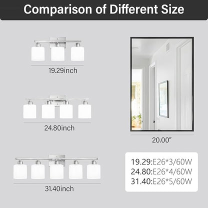 Brushed Nickel Bathroom Light Fixture, 3 Light Vanity Lights for Bathroom, Bath Lights with Milky White Frosted Glass Shades, E26 Socket