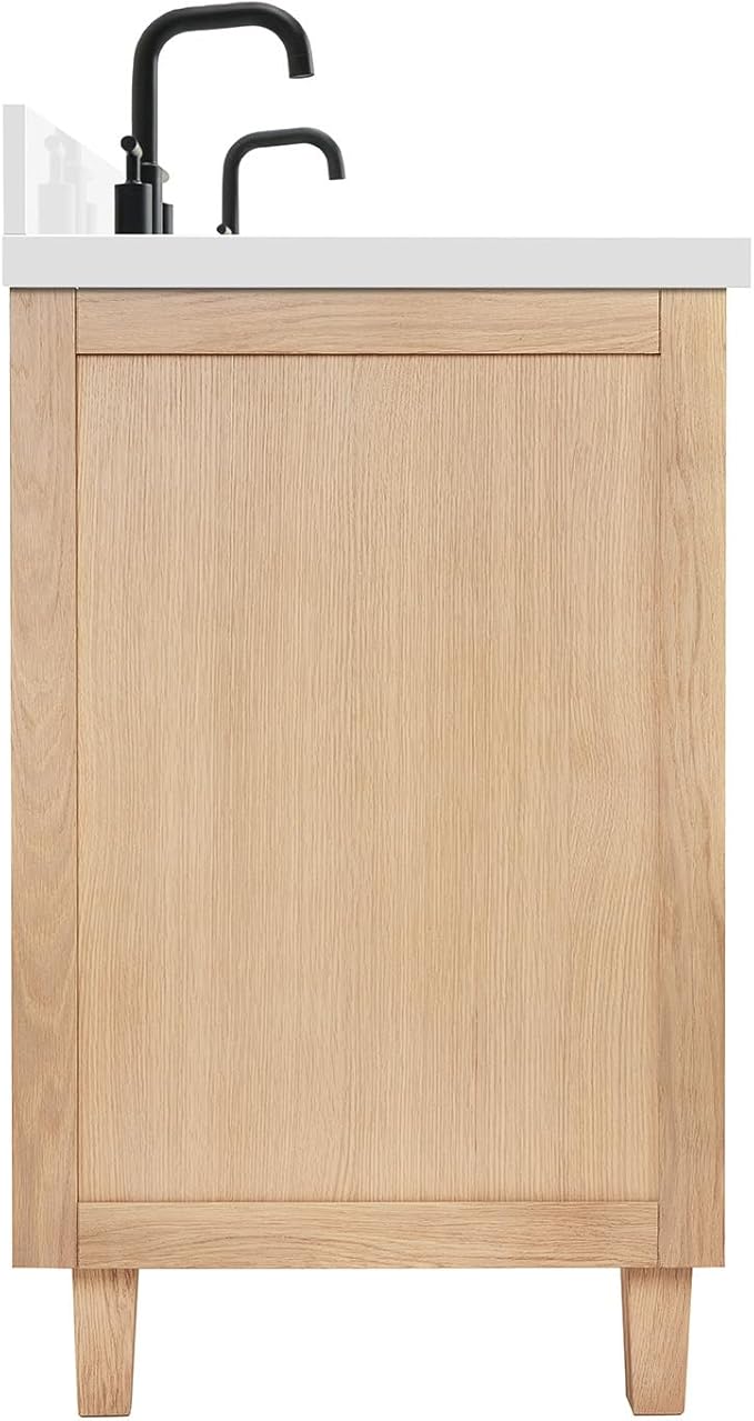 ARIEL Monroe 66-inch Bathroom Vanity with Sink,Solid Wood, 1.5-inch Pure White Quartz Countertop & Backsplash, Double Oval Porcelain Sink, 9 Dovetail Drawers, Matte Black, White Oak