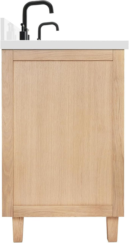 ARIEL Monroe 66-inch Bathroom Vanity with Sink,Solid Wood, 1.5-inch Pure White Quartz Countertop & Backsplash, Double Oval Porcelain Sink, 9 Dovetail Drawers, Matte Black, White Oak