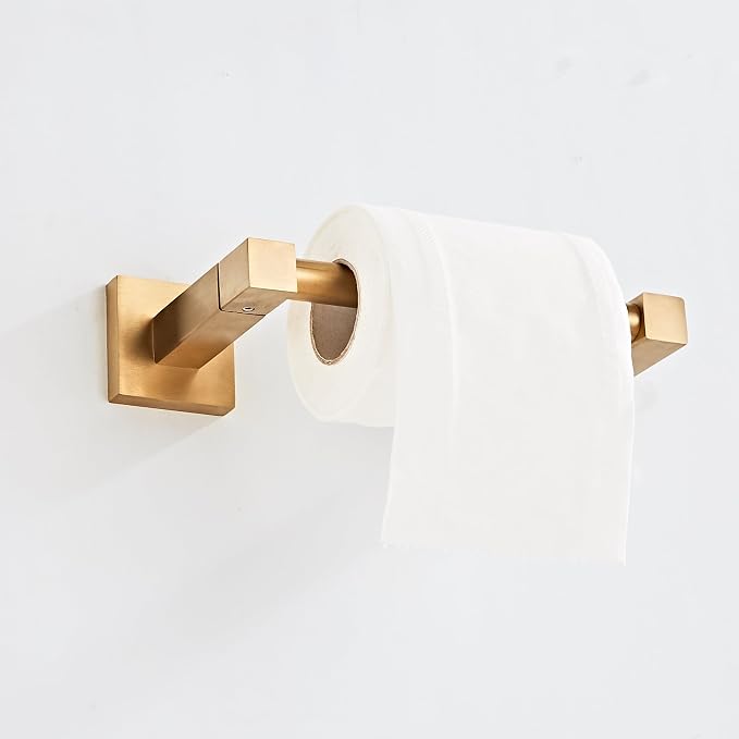Brushed Gold Toilet Paper Holder Wall Mount, Bathroom Toilet Paper Holder for SUS 304 Stainless Steel, Double Post Pivoting Square Toilet Paper Roll Holder for Bathroom RV Paper Towels for TP