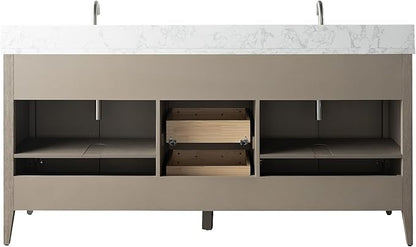 Vanity Art 72 inch Bathroom Vanity with Double Sink & Ceramic Top, Vanity Cabinet with Soft-Closing Doors, Drawers, Solid Wood Frame, Driftwood Gray, Brushed Nickle Handware