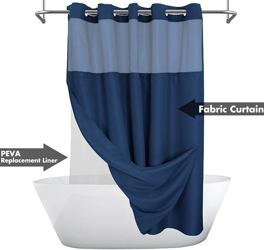 River Dream No Hook Long Shower Curtain with Snap-in Liner 71x80, Navy | Snap on/off Waterproof PEVA Liner, See Through Top Window, Slub Textured, Hotel Style Shower Curtain Set, 71W x 80H