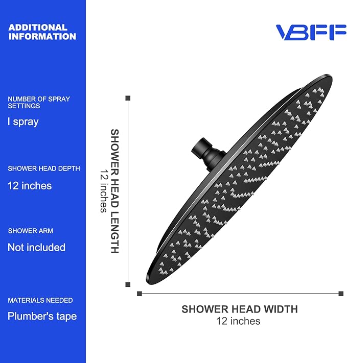 VBFF-Shower Head,rain shower head, 12 inch- Round Shower Head, 1.8 GPM Flow Rate, rainfall showerhead,VBFF13 (Matte Black)