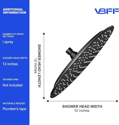 VBFF-Shower Head,rain shower head, 12 inch- Round Shower Head, 1.8 GPM Flow Rate, rainfall showerhead,VBFF13 (Matte Black)