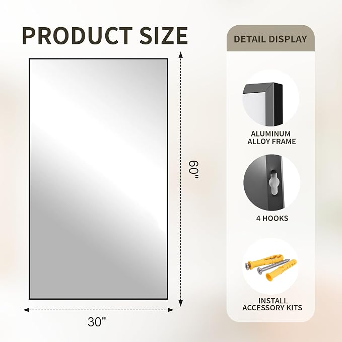 FICTOR Bathroom Vanity Mirror for Over Sink, 30" x 60", Black | Anti-Rust Frame, Shatterproof Tempered Glass, Vertical/Horizontal Wall Mounted Mirror for Bedroom, Entryway, Living Room