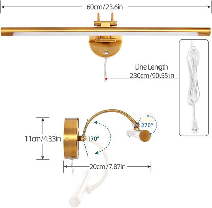 MantoLite 24'' Picture Lights for Wall,Vanity Lights for Bathroom,Plug-in or Hardwired,12W 3000K LED Dimmable Modern Bathroom Lighting Fixtures Over Mirror and Wall Lights for Bedroom(Brass)