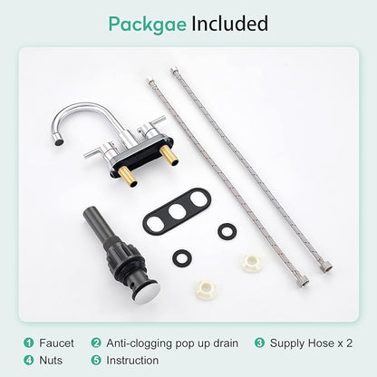 Faustina Polished Chrome Bathroom Faucet, 4 Inch Centerset Bathroom Faucet for Sink 2 Holes 3 Holes，Two Handles 304 Stainless Steel Faucet with Pup up Drain and 2 Water Supply Lines for RV Vanity