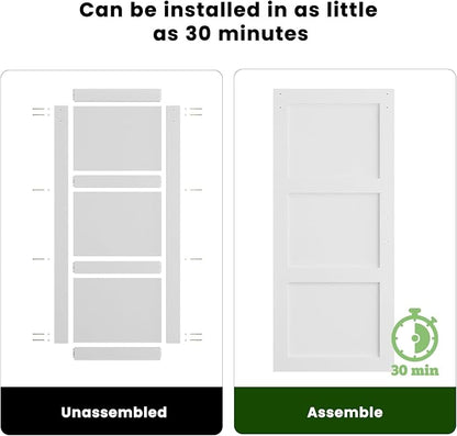 SMARTSTANDARD 42in x 84in Sliding Barn Door with 7FT Hardware Track,3 Panel | Waterproof PVC Surface, Pre-Drilled Holes Easy to Assemble, White, Solid, MDF