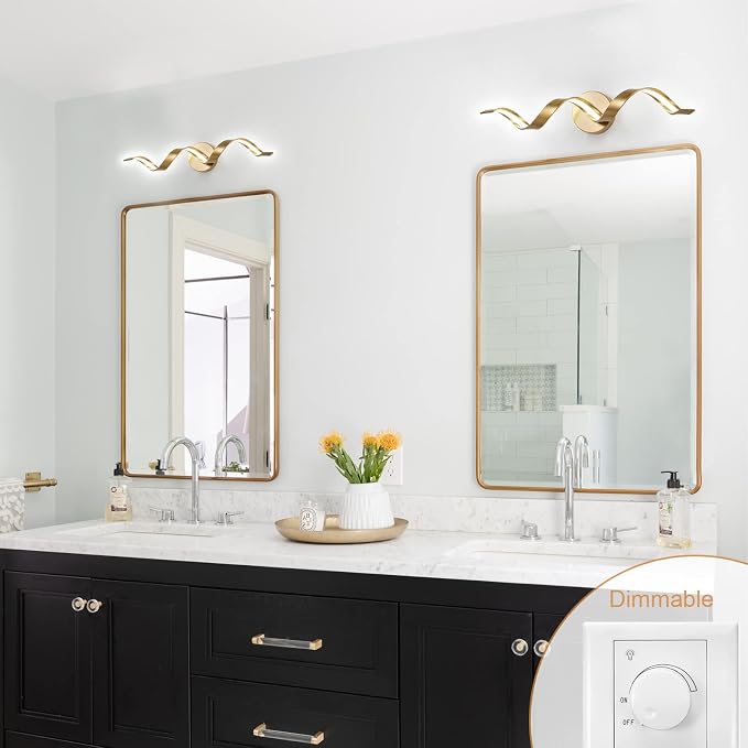 Dimmable Gold Bathroom Light Fixtures, 24 inch Spiral Design Modern LED Bathroom Vanity Lights Over Mirror, 15W Wall Light Fixtures for Living Room Cold White 6000K